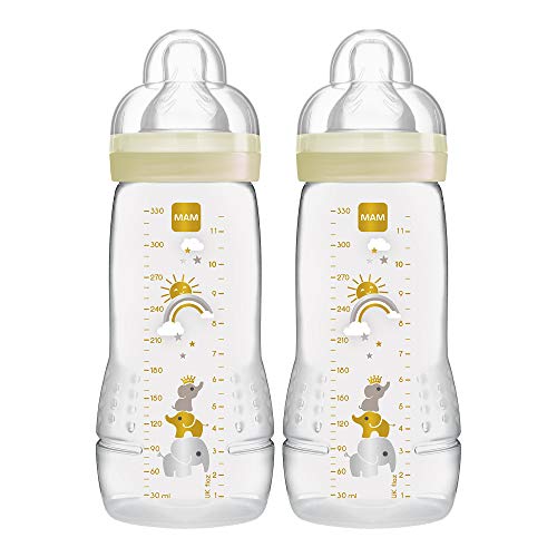 MAM Easy Active Bottle 11 oz (2-Count), Fast Flow Bottles with Silicone Nipples, 4+ Month Baby Essentials, Unisex, Designs May Vary