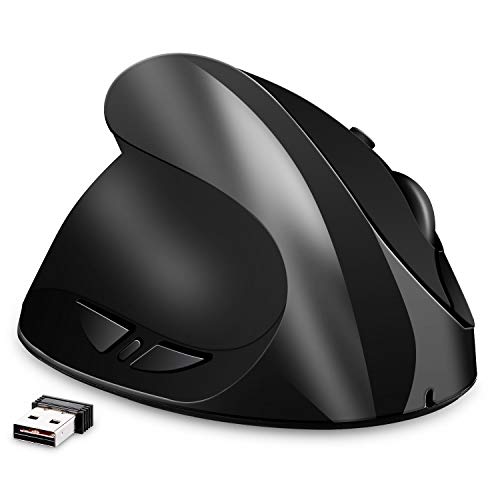 Left-Handed Mouse, AURTEC Rechargeable 2.4G Wireless Ergonomic Vertical Mice with USB Receiver, 6 Buttons and 3 Adjustable DPI 800/1200/1600 for Left Hand, Black