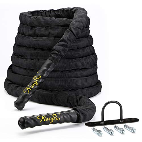 KINGSO Battle Rope with Protective Sleeve 1.5 Inch Heavy Battle Exercise Training Rope 30ft Length 100% Dacron Battle Ropes for Strength Training Home Gym Outdoor Cardio Workout Equipment, Anchor Included