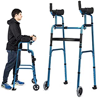 Goplus Foldable Standard Walker, Lightweight Aluminum Alloy Wheel Rehabilitation Auxiliary Walking Frame with Arm Rest Pad and Wheels, Height Adjustable Elderly Walking Mobility Aid (Blue + Black)