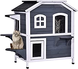 PawHut Solid Wood Cat Condos Pet House Water Proof Outdoor 2-Floor Villa, Grey