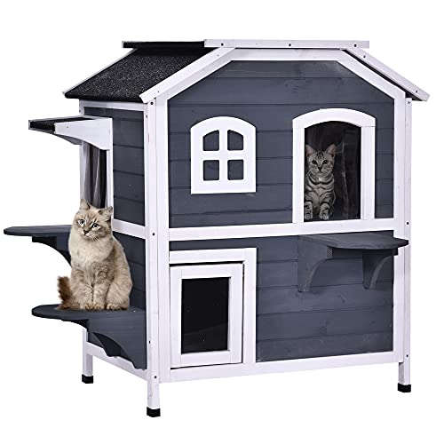 PawHut Solid Wood Cat Condos Pet House Water Proof Outdoor 2-Floor Villa, Grey