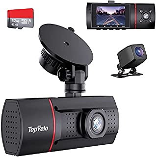 Topvelo 3 Channel Dash Cam with SD Card Included, 1080P Front Rear and Interior Three Way Dash Cam for Cars, 2 LCD Display Dashboard Camera, IR Night Vision, Parking Monitor, for Taxi Driver