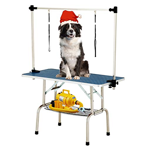 SUNCOO 48 Inch Portable Pet Dog Grooming Table for Large Dogs Professional Foldable Drying Trimming Table, Heavy Duty Stainless Steel Frame, Adjustable Arm/Noose/Mesh Tray, 330lbs Capacity