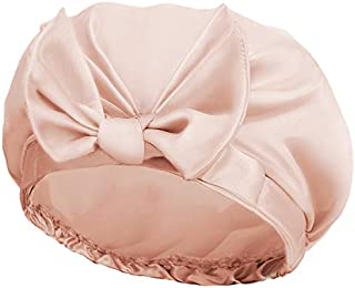 Auban Extra Large Shower Cap, Bowknot Double Layer Reusable Bath Hair Caps With Silky Satin for Women Beauty Bathing, Hair Spa, Home Hotel Travel Use (Beige)