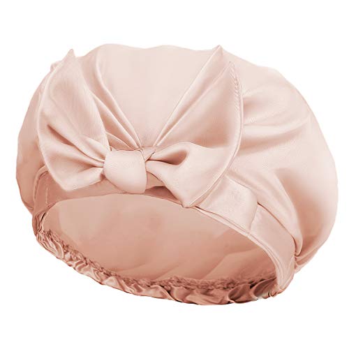 Auban Extra Large Shower Cap, Bowknot Double Layer Reusable Bath Hair Caps With Silky Satin for Women Beauty Bathing, Hair Spa, Home Hotel Travel Use (Beige)