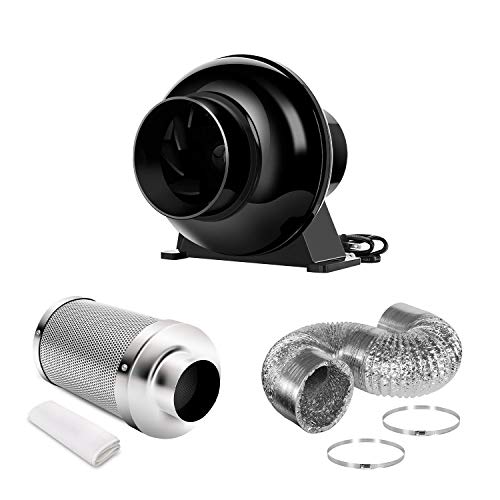 iPower 4 Inch 195 CFM Inline Fan Circulation Vent Blower and Air Carbon Filter 8 Feet Ducting Combo for Grow Tent Ventilation, Kits, Black