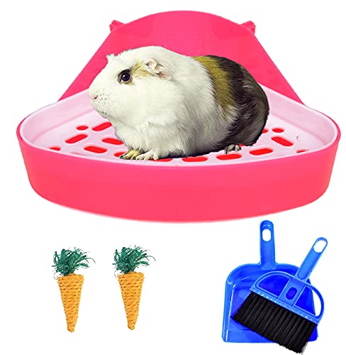 JSLZF Bunny Litter Box Pet Toilet Triangle Potty Trainer Corner Guinea Pig Litter Bedding Box Dustpan Broom for Chinchilla Ferret Drawf Hamster(Pink)