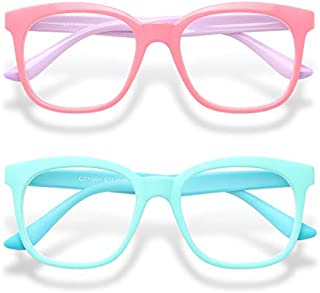 Gaoye 2-Pack Kids Blue Light Glasses Girls & Boys Age 3-15, Computer Gaming Fake Eyeglasses Anti Eyestrain (Green&Blue+ Pink&Purple)