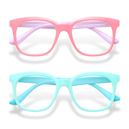Gaoye 2-Pack Kids Blue Light Glasses Girls & Boys Age 3-15, Computer Gaming Fake Eyeglasses Anti Eyestrain (Green&Blue+ Pink&Purple)