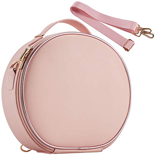 Round Makeup Bag for Lady Portable Travel Makeup Train Case PU Leather Large Capacity with Adjustable Dividers Cosmetic Storage Organizer for Girl and women Cosmetic Make Up Tools Toiletry Jewelry Digital Accessories - Pink