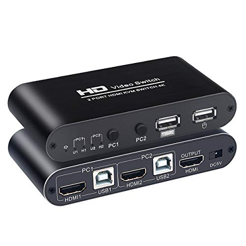 KVM Switch 2 Ports Box, HDMI Switcher Support 4K @30Hz (YUV 4:4:4) and Wireless Keyboard Mouse, for One Set of Keyboard and Mouse and HD Display Share 2 Computers