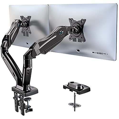 HUANUO Dual Monitor Stand - Adjustable Spring Monitor Desk Mount Swivel Vesa Bracket with C Clamp, Grommet Mounting Base for 17 to 27 Inch Computer Screens - Each Arm Holds 4.4 to 14.3lbs