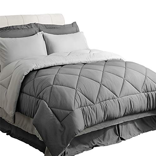 Bedsure Bedding Comforter Sets Queen Comforter Bed in A Bag 8 Pieces - Grey Bedding Sets Queen with Comforter - 1 Comforter, 2 Pillow Shams, 1 Flat Sheet, 1 Fitted Sheet, 1 Bed Skirt, 2 Pillowcases