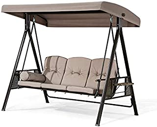 PURPLE LEAF 3-Seat Deluxe Outdoor Patio Porch Swing with Weather Resistant Steel Frame, Adjustable Tilt Canopy, Cushions and Pillow Included, Beige