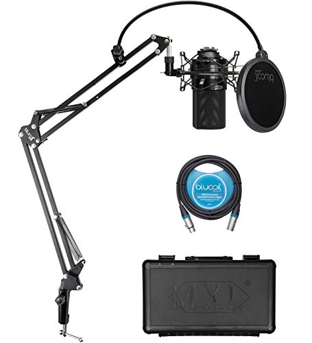 MXL 990 Cardioid Condenser Microphone for Vocals and Acoustic Guitar Recording (Black) Bundle with Blucoil Boom Arm Plus Pop Filter, and 10-FT Balanced XLR Cable