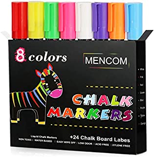 Mencom Liquid Chalk Markers, Chalkboard markers, Chalk Pens for Blackboard, Chalkboard, Mirrors Glass, Erasable Chalk Markers for Kids and Adults (8 colors)