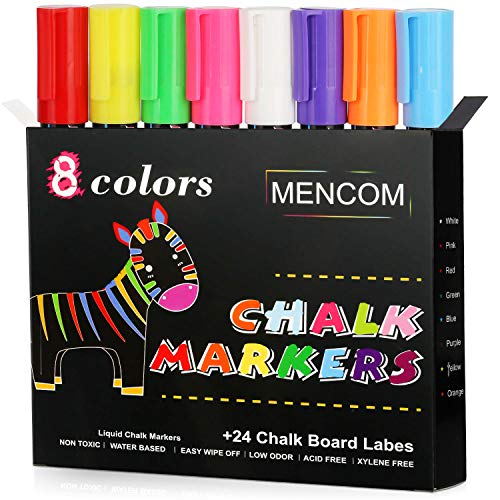 Mencom Liquid Chalk Markers, Chalkboard markers, Chalk Pens for Blackboard, Chalkboard, Mirrors Glass, Erasable Chalk Markers for Kids and Adults (8 colors)