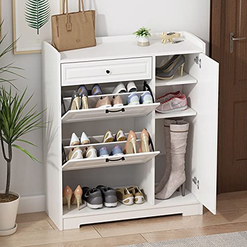 DiDuGo Modern Shoe Storage Cabinet with Drawers & Shelf, Tipping Bucket Shoe Cabinet Organizer for Entryway White (35.4L x 9.4W x 42.1H)