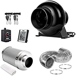 iPower GLFANXSETINLLITE4D8RHCTR 4 Inch 195 CFM Inline Fan Carbon Filter 8 Feet Ducting Combo with Variable Speed Controller Rope Hanger, Lite Ventilation Kits, Temperature Humidity Monitor