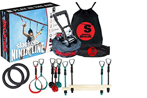 Slackers Ninjaline - 56' Intro Kit - Includes 9 Hanging Attachments - Best Outdoor Ninja Warrior Training Equipment for Kids - Build Your Very Own Backyard Obstacle Course - Rated Ages 5+