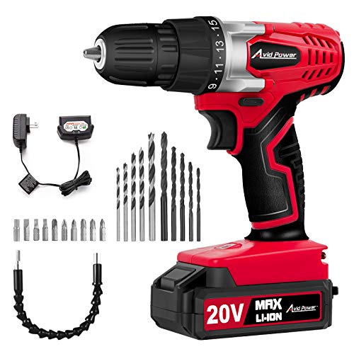 AVID POWER 20V MAX Lithium Ion Cordless Drill, Power Drill Set with 3/8 inches Keyless Chuck, Variable Speed, 16 Position and 22pcs Drill Bits