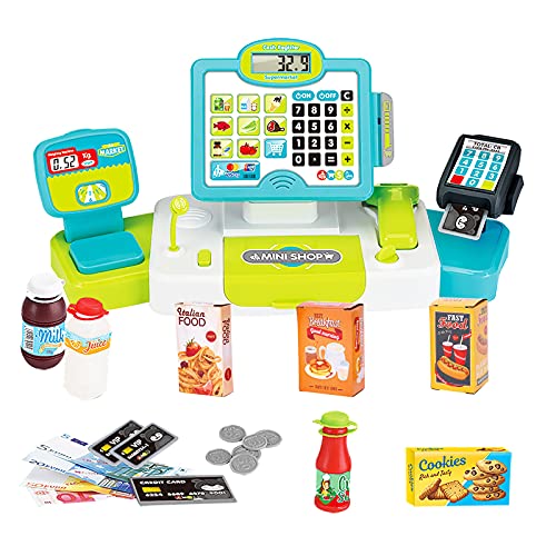 Cash Register for Kids with Scanner, Microphone, Play Money, Pretend Play Learning Educational Toys Gifts for 3 4 5 6 Years Old Boys & Girls