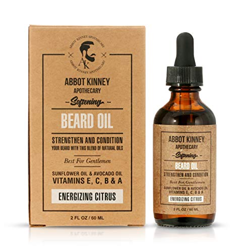 Abbot Kinney Apothecary Softening Beard and Mustache Oil - Natural Oil Blend Made with Essential Oils, Energizing Citrus, 2 oz