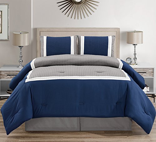 4 Piece Navy Blue/Grey/White Color Block Bed in A Bag Down Alternative Comforter Set (Double) Full Size Bedding. Perfect for Any Bed Room or Guest Room