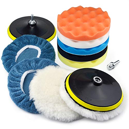 7 Inch Polishing Pads Kit Car Foam Sponge Pads Wool Bonnet Pads with 5/8-11 Thread Backing Pads & 8mm Adapters for Polisher & Electric Drill Auto Body Repair Pad for Waxing Buffing Sealing Glaze,13PCS