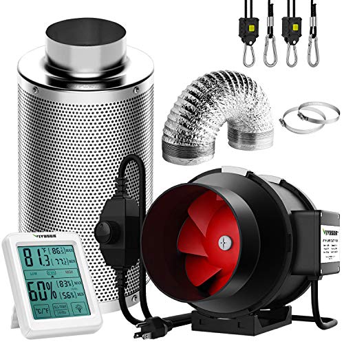 VIVOSUN 6 Inch 390 CFM Inline Fan with Speed Controller, 6 Inch Carbon Filter and 8 Feet of Ducting, Temperature Humidity Monitor for Grow Tent Ventilation