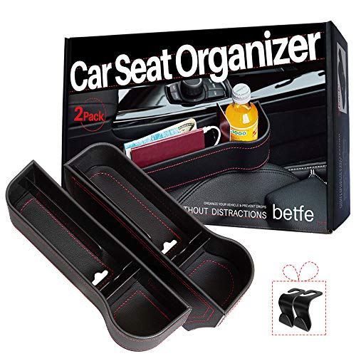 betfe Car Seat Gap Filler, 2 Pack PU Leather Car Seat Organizers with Cup Holder for Cell Phones, Glasses, Keys, Wallet, Change Etc.