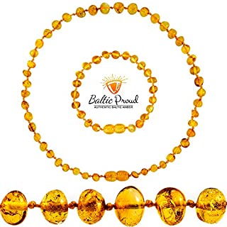 Baltic Amber Necklace and Bracelet Gift Set (Unisex Honey 12.5 Inches/5.5 Inches) - Certified Premium Quality Raw Baltic Sea Amber