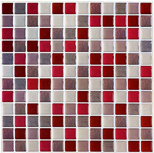 YIDRINSON 3D Mosaic Sticker Peel and Stick Tile Backsplash Wall Paper for Home Kitchen, Pack of 4 (Red)