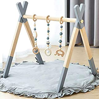 Avrsol Baby Gym Wooden Infant Activity Gym with Mat Baby Play Gym Frame Hanging Bar, Baby Newborn Gift, Grey - New Version