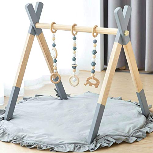 Avrsol Baby Gym Wooden Infant Activity Gym with Mat Baby Play Gym Frame Hanging Bar, Baby Newborn Gift, Grey - New Version