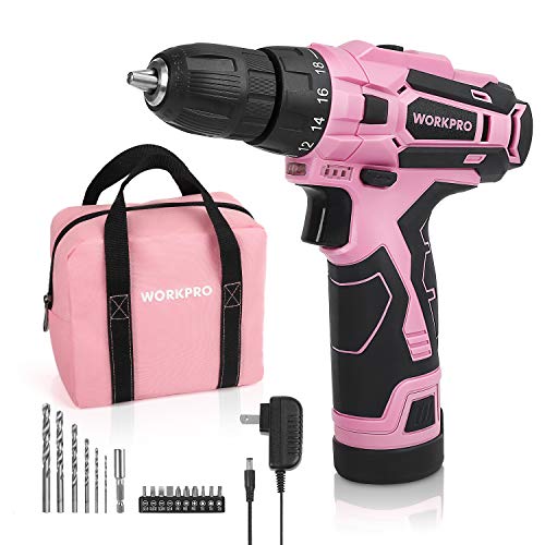 WORKPRO Pink Cordless Drill Driver Set, 12V Electric Screwdriver Driver Tool Kit for Women, 3/8