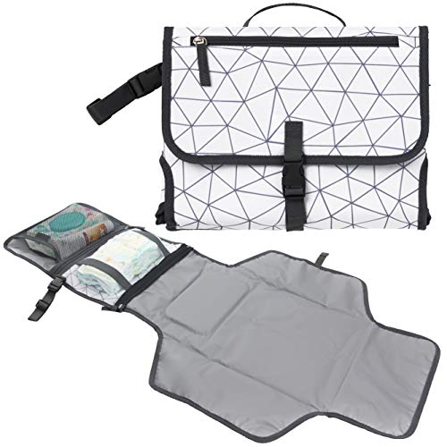 Baby Portable Diaper Changing Pad, Waterproof Travel Changing Mat Station | Built-in Padded Head Rest, Includes Mesh Pockets for Diapers and Wipes, and Adjustable Strap for Strollers