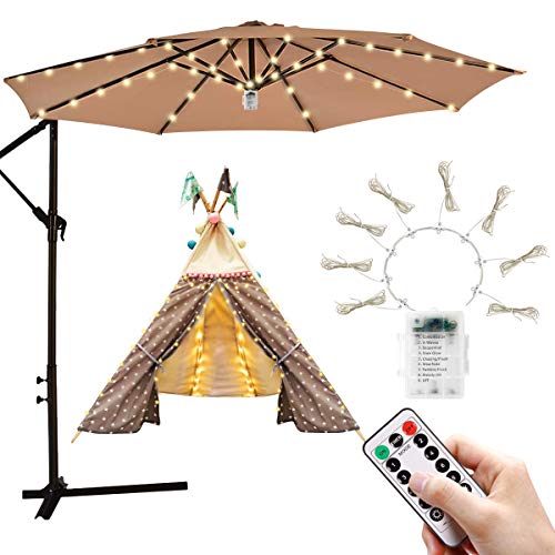 iYeHo Patio Umbrella Light String Lights 8 Brightness Modes 104 LEDs at 3AA Battery Operated Waterproof Outdoor Umbrella Pole Light for Patio Umbrellas Camping Tents (Warm White)