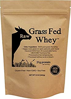 Raw Grass Fed Whey - Happy Healthy Cows, COLD PROCESSED Undenatured 100% Grass Fed Whey Protein Powder, GMO-Free + rBGH Free + Soy Free + Gluten Free + No Added Sugar, Unflavored, Unsweetened (12 OZ)