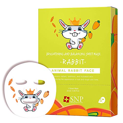 SNP Animal Character Korean Face Sheet Mask Skincare, Rabbit Brightening Sheet Masks for Clear & Glowing Skin Results, Korean Beauty Skincare Mask -For All Skin Types, Pack of 10