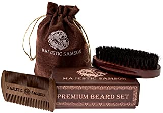 Majestic Samson Dual Action Wooden Beard Comb and Beard Brush Set, Hair Care Gift Set for Men with Cotton Bag, Perfect for use with Balms and Oils, Top Beard Kit for Home and Travel