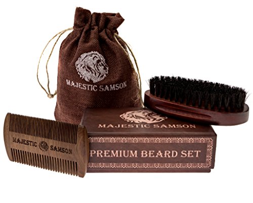 Majestic Samson Dual Action Wooden Beard Comb and Beard Brush Set, Hair Care Gift Set for Men with Cotton Bag, Perfect for use with Balms and Oils, Top Beard Kit for Home and Travel