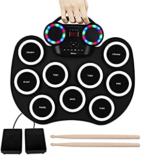 9 Pads Electronic Drum Set Roll up LED Lights Pratice Drum,Bluetooth,MIDI,Built-in Speaker,Long Hours Playtime Portable Drum,Birthday Festival Gift for Kids and Beginners
