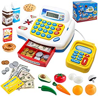 JOYIN Pretend Play Cash Register Shopping Machine Dual Languages, Includes Play Money, Scanner, Card Reader and Grocery Play Food Set, Great Kids Gifts, Toddler Toys