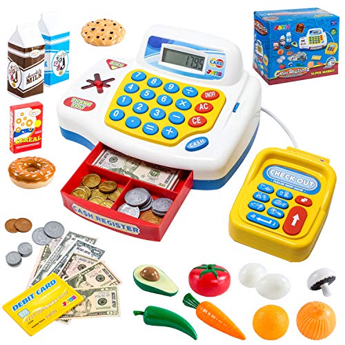 JOYIN Pretend Play Cash Register Shopping Machine Dual Languages, Includes Play Money, Scanner, Card Reader and Grocery Play Food Set, Great Kids Gifts, Toddler Toys