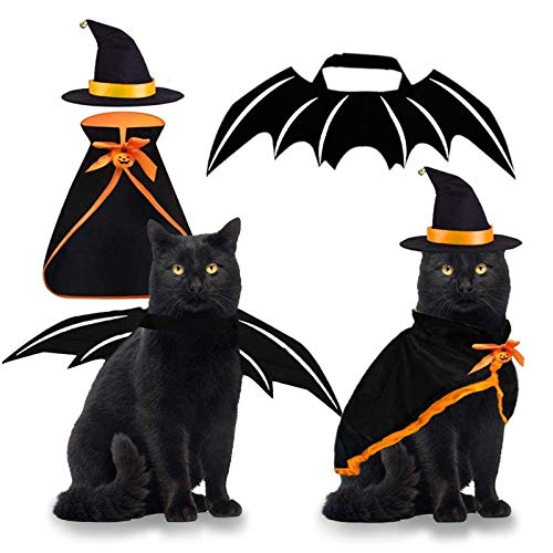 Pet Costume Cat Cosplay Witch Cloak Bat Wings Wizard Hat 3 PCS Pet Clothes for Small Cats Kitten Funny Magical Holiday Decorations for Halloween Theme Party Pumpkin Easter Gift