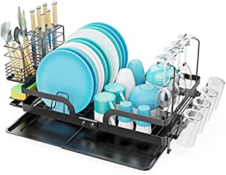 Dish Drying Rack, GSlife Foldable Large Stainless Steel Dish Rack with Tray, Utensils Holder, Wine Glass holder & Sponge Holder, Dish Drainer for Kitchen Counter, Black