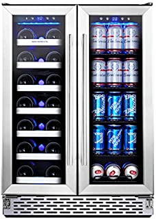 Phiestina Wine and Beverage Refrigerator | 24 Inch Built-In Dual Zone Wine Beer Cooler Refrigerator | Free Standing French Door Drink Fridge with Digital Memory Temperature Control