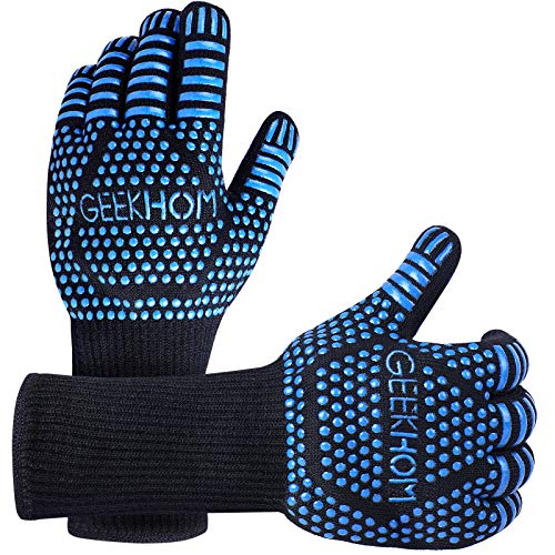 GEEKHOM Grilling Gloves,1472 Heat Resistant BBQ Grill Gloves, EN407 Certified 13 Inch Oven Gloves for Smoker Barbecue Baking Cooking Welding Weber Fireplace(Blue)